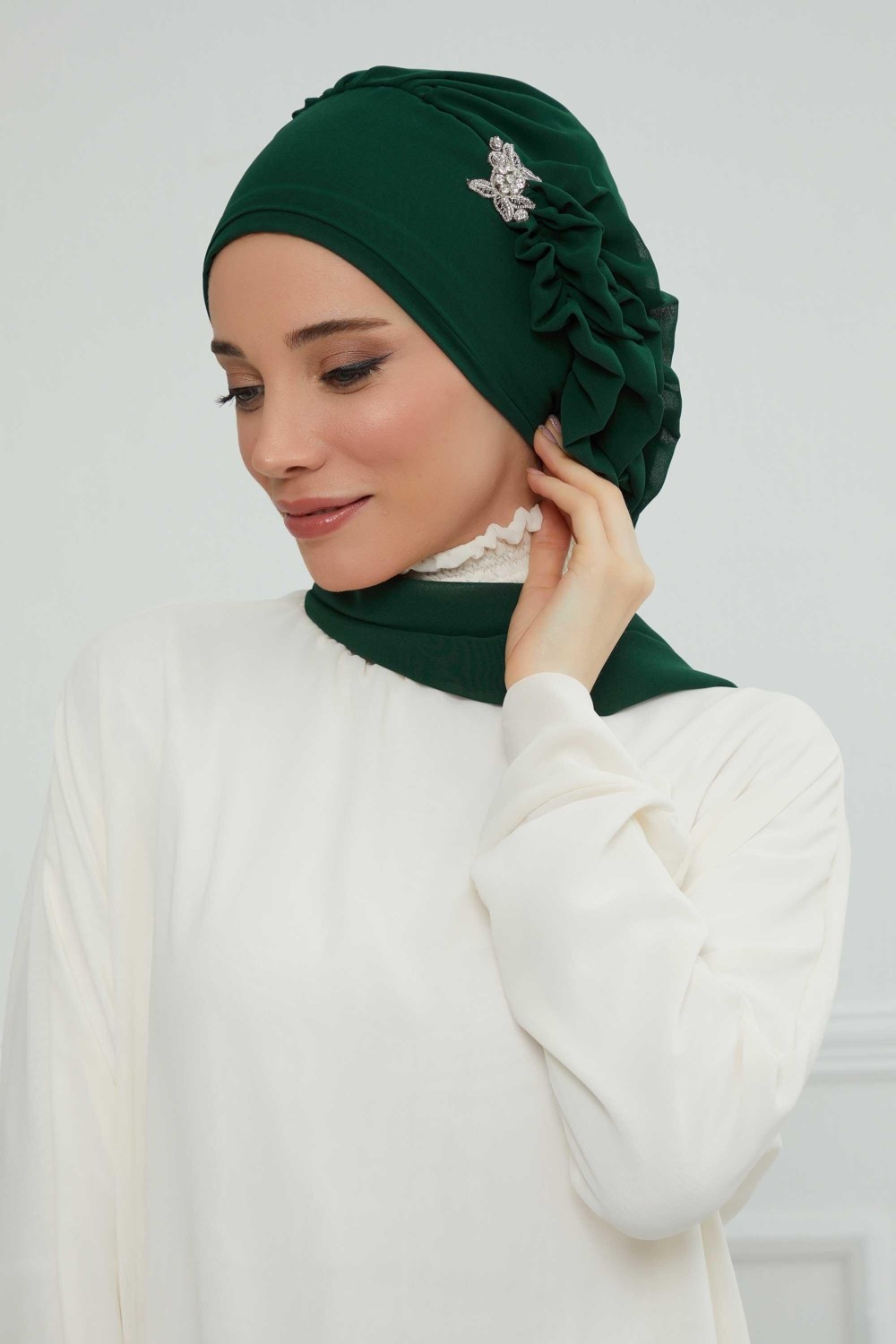 Aisha's Design Yandan Fırfırlı Gümüş Aksesuarlı Şifon Hazır Türban,ht-106,ht-106 görsel 5
