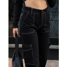 Makras Exclusive Mary Yüksek Bel Beyaz Dikişli Siyah Kargo Cep Jeans Kargo Cep Kot Pantolon( 1 Beden Büyük Alın )