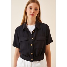 Hazelin Kadın Siyah Cepli Düğmeli Kısa Kollu Yazlık  Crop Gömlek Ceket HZL22S-BD106631