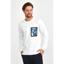 Odelon Erkek Önü Baskılı Bisiklet Yaka Spor Sweatshirt Beyaz