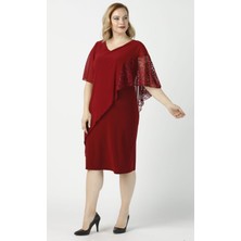 Moda Berray 4051 Bordo Pelerinli Esnek Kumaş  Büyük Beden Elbise
