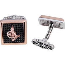 Amberkan Gümüş Siyah Zirkon Taş Üstü Tuğralı Kare Kol Düğmesi
