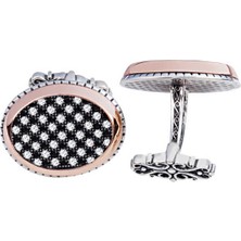 Amberkan Gümüş Siyah Beyaz Zirkon Taşlı Oval Kol Düğmesi
