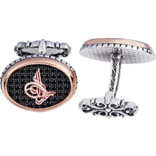 Amberkan Gümüş Siyah Zirkon Taş Üzeri Osmanlı Tuğralı Oval Kol Düğmesi
