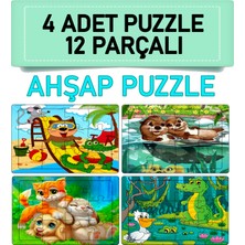 Lina Lazer Eğitici - Öğretici 12 Parça 4 Adet Puzzle Seti - 2 Timsah,kedicik,sincaplar,köpek