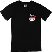 Cix Suriye Haritalı ve Bayraklı Cep Logo Tasarımlı Siyah Tişört