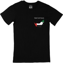 Cix Arap Emirlikleri Haritalı ve Bayraklı Cep Logo Tasarımlı Siyah Tişört