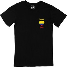 Cix Cix Bogota Kolombiya Bayraklı Kalpli Cep Logo Tasarımlı Siyah Tişört
