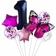Best Parti Pembe Kelebek Balon Set Yıldız Balon Folyo Set Doğum Günü Set Yaş 1