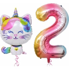 Best Parti Unicorn Kedi Balon Gökkuşağı Renkli Sayı Doğum Günü Set Yaş 2