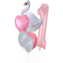 Best Parti Kuğu Balon Pembe Rakam Kalpfolyo Balon Set Yaş 1