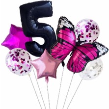 Best Parti Pembe Kelebek Balon Set Yıldız Balon Folyo Set Doğum Günü Set Yaş 5