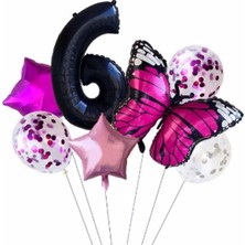 Best Parti Pembe Kelebek Balon Set Yıldız Balon Folyo Set Doğum Günü Set Yaş 6