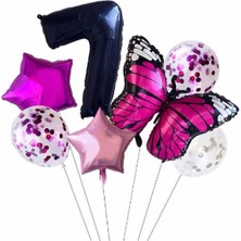 Best Parti Pembe Kelebek Balon Set Yıldız Balon Folyo Set Doğum Günü Set Yaş 7