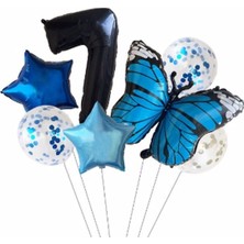 Best Parti Mavi Kelebek Balon Set Yıldız Balon Folyo Set Doğum Günü Set Yaş 7