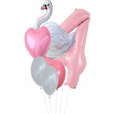 Best Parti Kuğu Balon Pembe Rakam Kalpfolyo Balon Set Yaş 1