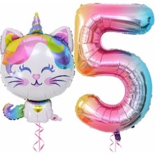 Best Parti Unicorn Kedi Balon Gökkuşağı Renkli Sayı Doğum Günü Set Yaş 5