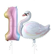Rönesans Parti Kuğu Balon Gökkuşağı Rakam Folyo Balon Set Yaş 1