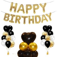 Rönesans Parti Siyah Kalp Folyo Happy Bırthday Doğum Günü Seti
