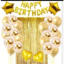 Rönesans Parti Happy Bırthday Gold Perdeli Şeffaf Balonlu Doğum Günü Seti