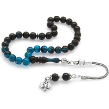 Okyanus Silver 925 Ayar Gümüş Püsküllü Küre Kesim Bilek Boy Süzme Turkuaz-Siyah Ateş Kehribar Tesbih