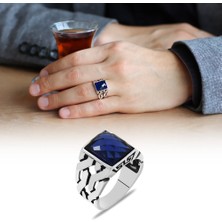 Okyanus Silver Zincir Faset Mavi Zirkon Taşlı 925 Ayar Gümüş Erkek Yüzük