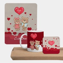 Flipped Sevgililer Günü Cute Bears Kare Mousepad, Kupa ve Bardak Altlığı Seti