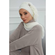 Aisha's Design Yandan Fırfırlı Gümüş Aksesuarlı Şifon Hazır Türban,HT-106,HT-106,Krem
