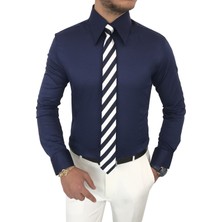 Terzi Adem italyan stil slim fit sivri yaka saten erkek gömlek Saks T7208