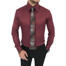 Terzi Adem italyan stil slim fit sivri yaka saten erkek gömlek Bordo T7212