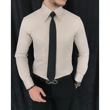 Terzi Adem italyan stil slim fit sivri yaka saten erkek gömlek Bej T7213