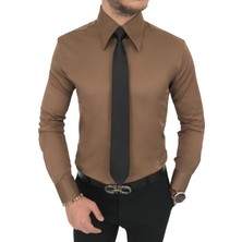 Terzi Adem Italyan Stil Slim Fit Sivri Yaka Saten Erkek Gömlek Açık Kahve T7210