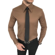 Terzi Adem Italyan Stil Slim Fit Sivri Yaka Saten Erkek Gömlek Açık Kahve T7210