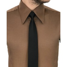 Terzi Adem Italyan Stil Slim Fit Sivri Yaka Saten Erkek Gömlek Açık Kahve T7210