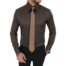 Terzi Adem italyan stil slim fit sivri yaka saten erkek gömlek Kahverengi T7211