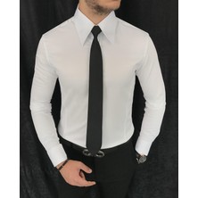 Terzi Adem Italyan Stil Slim Fit Sivri Yaka Saten Erkek Gömlek Beyaz T7214