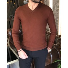 Terzi Adem İtalyan stil slim fit erkek V yaka triko kazak Kahverengi T8738