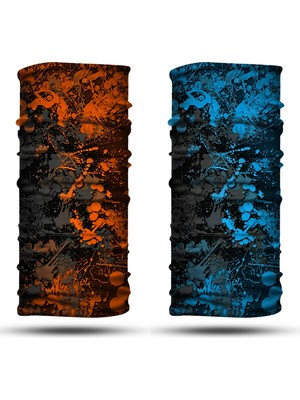 Dair Aksesuar Turuncu Turkuaz Boya Desenli 2'li Set Boyunluk Bandana Outdoor Balaklava Yüz Maskesi Kafa Bandı