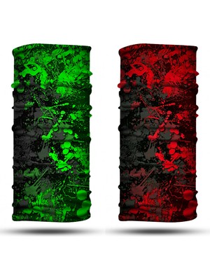 Dair Aksesuar Yeşil Kırmızı Boya Desenli 2'li Set Boyunluk Bandana Outdoor Balaklava Yüz Maskesi Kafa Bandı