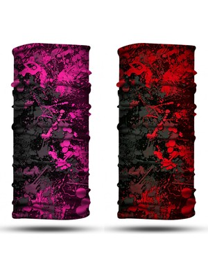 Dair Aksesuar Pembe Kırmızı Boya Desenli 2'li Set Boyunluk Bandana Outdoor Balaklava Yüz Maskesi Kafa Bandı