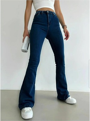 Makras Exclusive Kadın  Gece Mavisi Yüksek Bel Flare Jeans