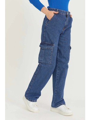 Makras Exclusive New Koyu Lacivert Kargo Cepli Yüksek Bel Wide Leg Jeans  ( 1 Beden Büyük Alın  )