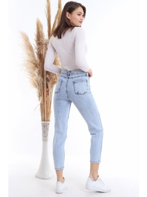 Makras Exclusive Mavi Kar Yıkamalı Yüksek Bel Mom Jeans