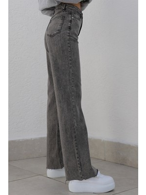 Makras Exclusive Açık Füme Asit Kar Yıkama Yüksek Bel Desert Uzun Straight Likralı Cropped Fit Jeans