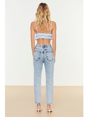 Makras Exclusive Mavi Kar Yıkamalı Yüksek Bel Mom Jeans