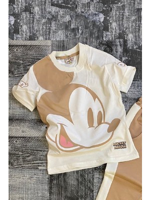 Riccotarz Erkek Çocuk Üstünde Micky Mouse Desenli Krem Eşofman Takımı 3-10 Yaş