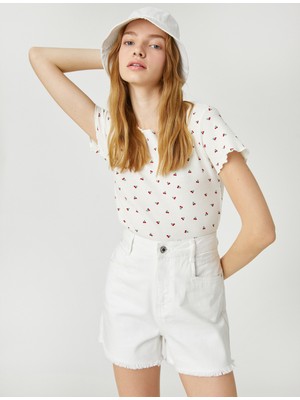 Koton Crop Tişört Kısa Kollu Yuvarlak Yaka Minimal Baskılı