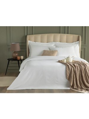English Home Deluxe Çizgili Pamuk Saten Çift Kişilik Nevresım Takımı 200 x 220 cm Beyaz