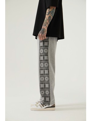 Machinist Oversize Ethnic Paisley Baskılı Beli Lastikli Organik Kumaşlı Eşofman Gray Melange