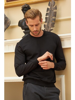 Odelon Erkek Basic Bisiklet Yaka Rahat Kalıp Düz Sweatshirt Siyah